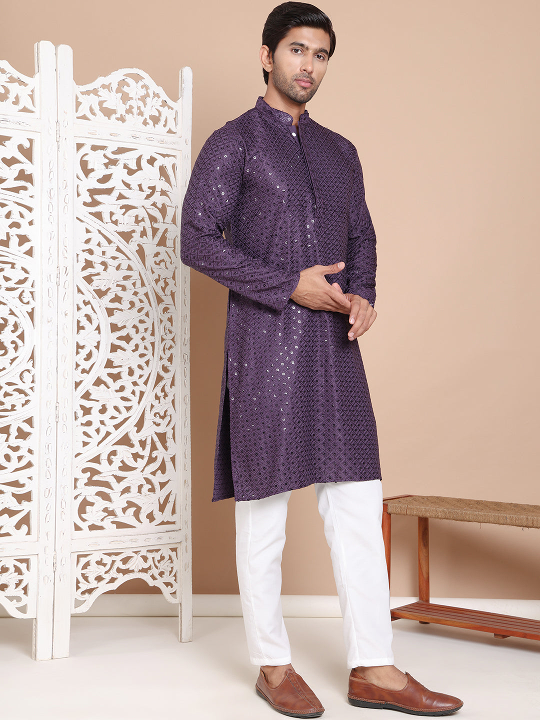 Embroidered And Sequence Kurta With Pyjama For Men.