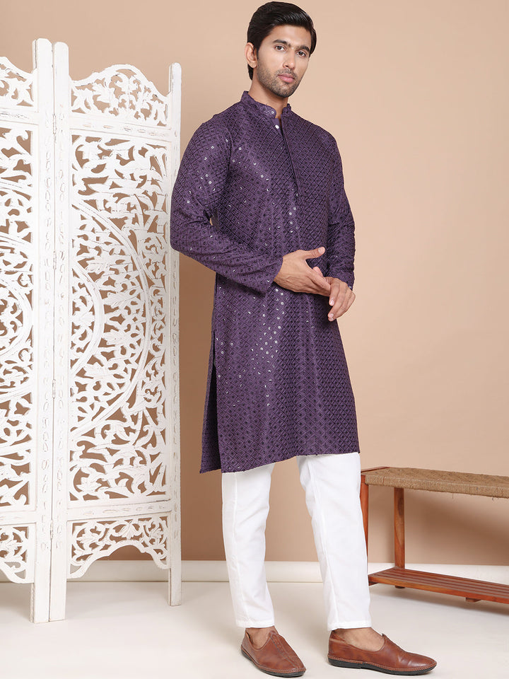 Embroidered And Sequence Kurta With Pyjama For Men.