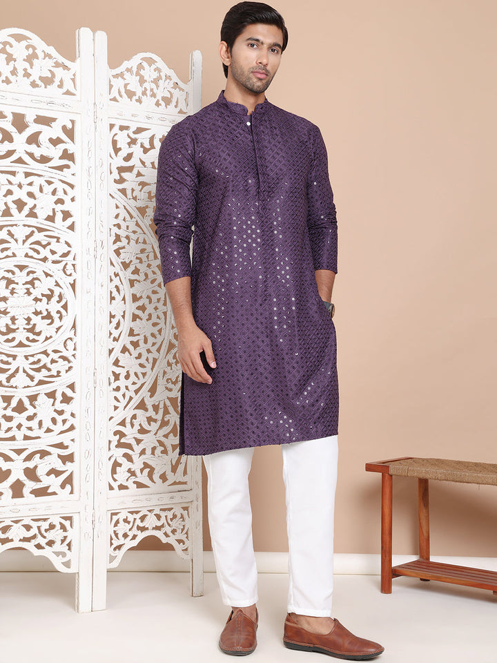Embroidered And Sequence Kurta With Pyjama For Men.