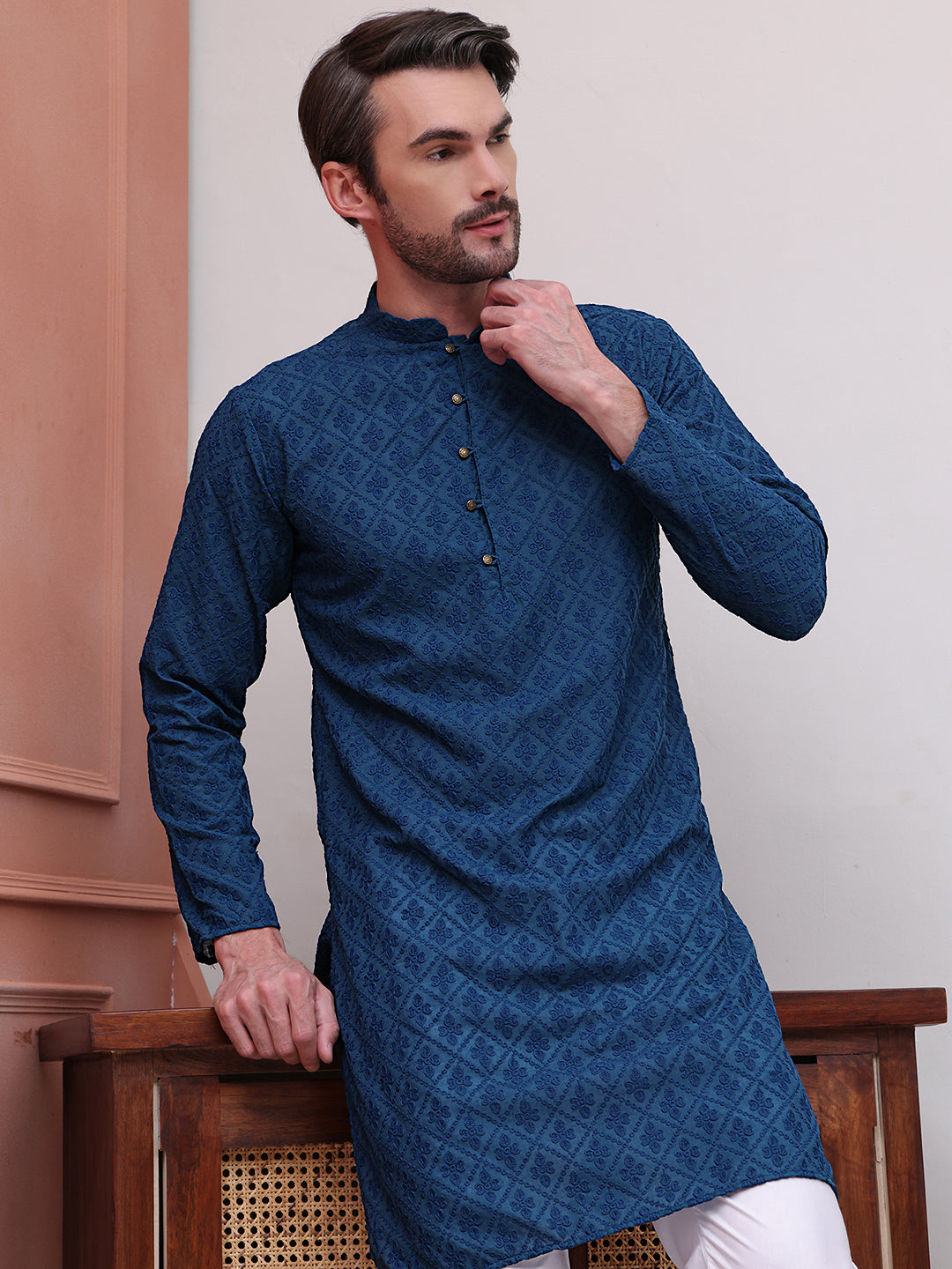 Embroidered Cotton Kurta With Pyjama