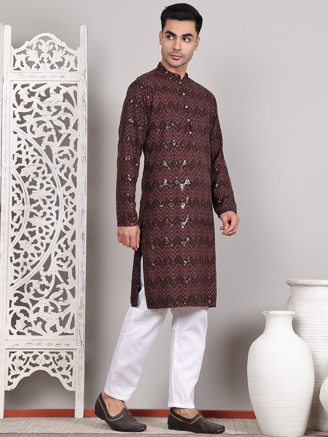 Sequin & Embroidered Kurta With Pyjamas