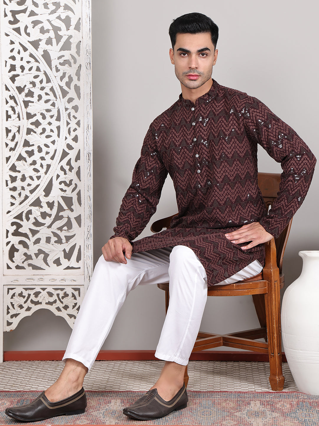Sequin & Embroidered Kurta With Pyjamas