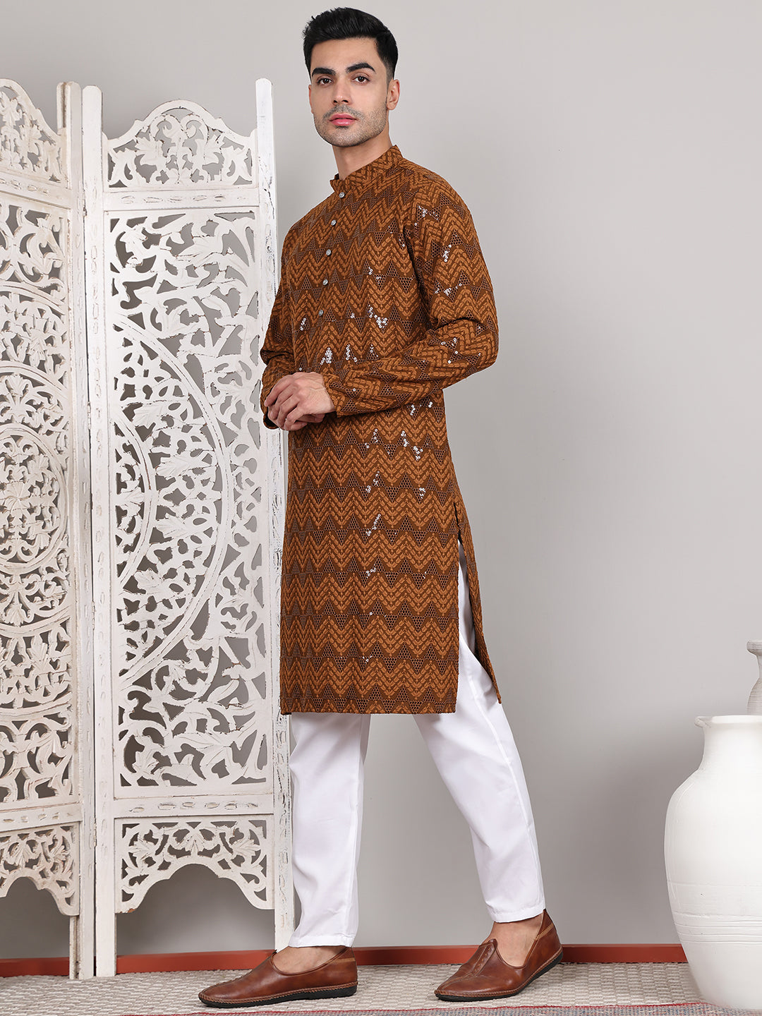 Sequin & Embroidered Kurta With Pyjamas