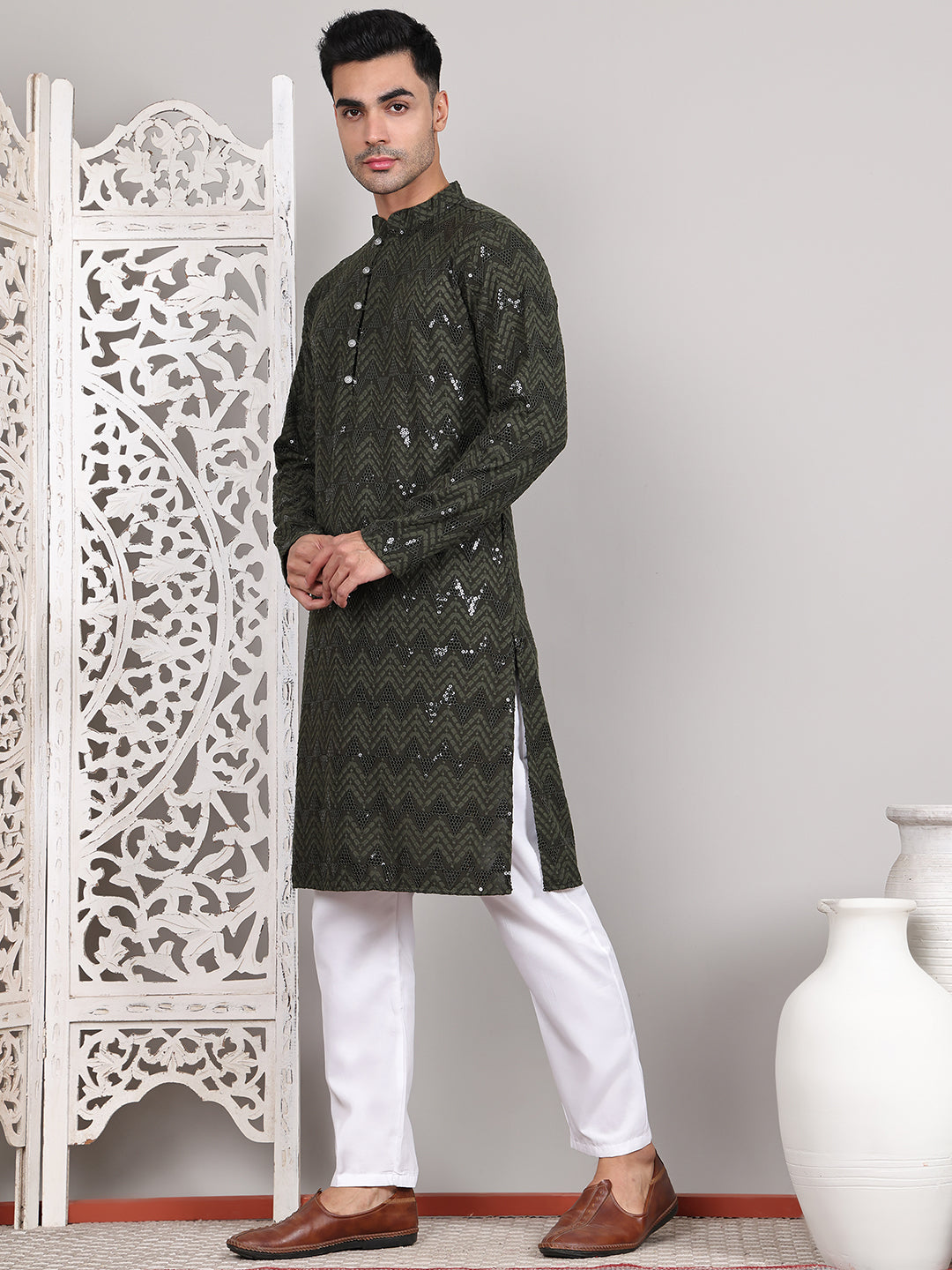 Sequin & Embroidered Kurta With Pyjamas