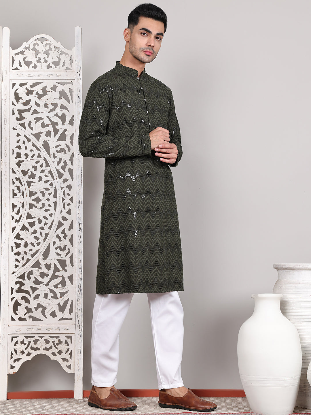 Sequin & Embroidered Kurta With Pyjamas