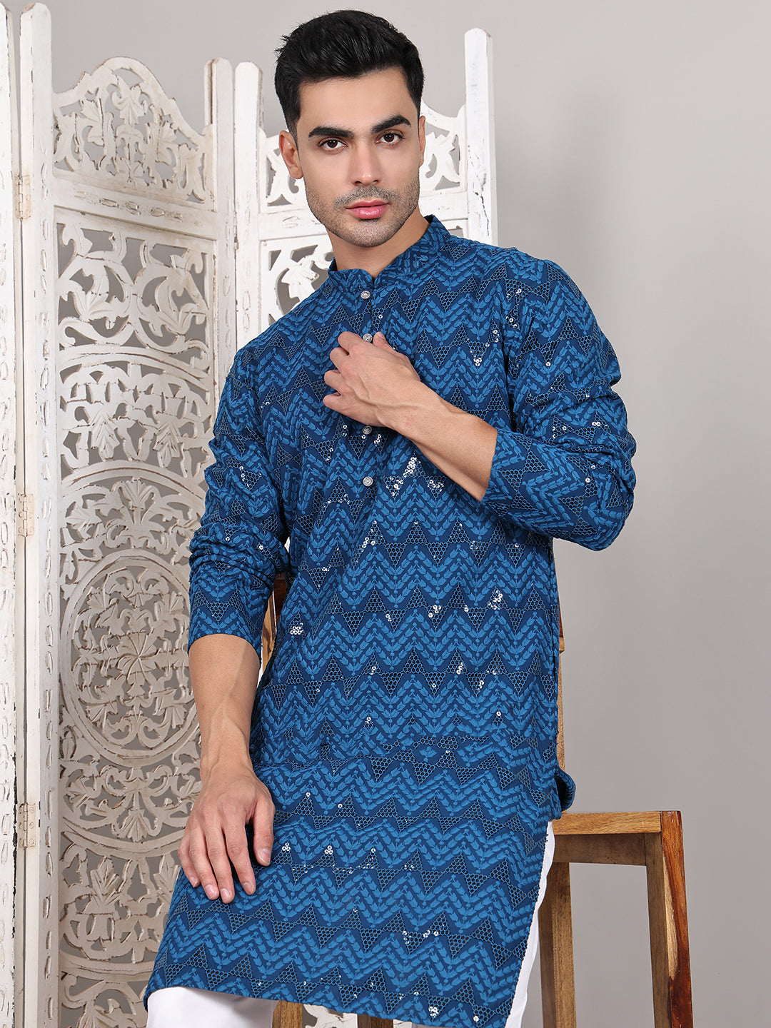 Sequin & Embroidered Kurta With Pyjamas