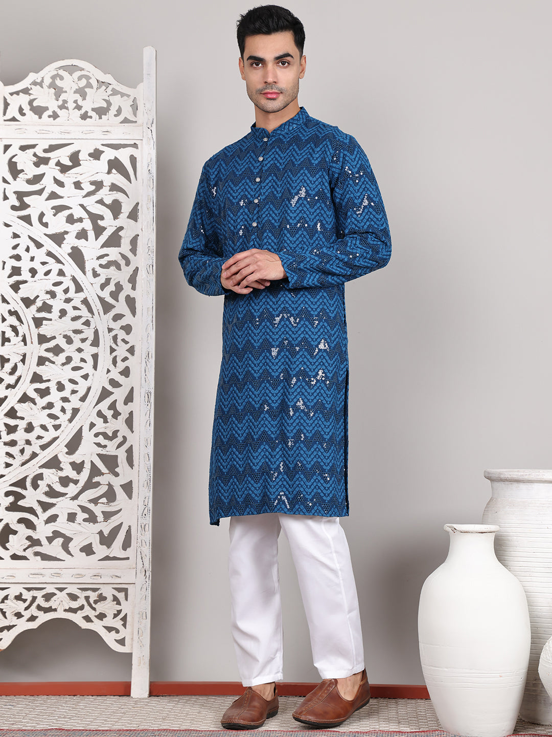 Sequin & Embroidered Kurta With Pyjamas
