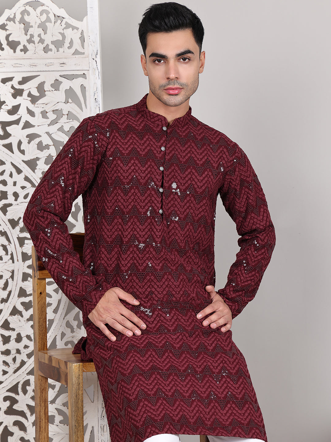 Sequin & Embroidered Kurta With Pyjamas