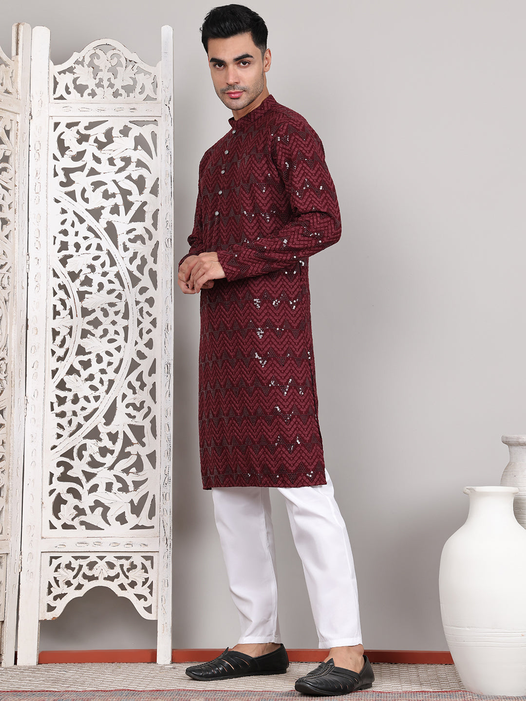 Sequin & Embroidered Kurta With Pyjamas