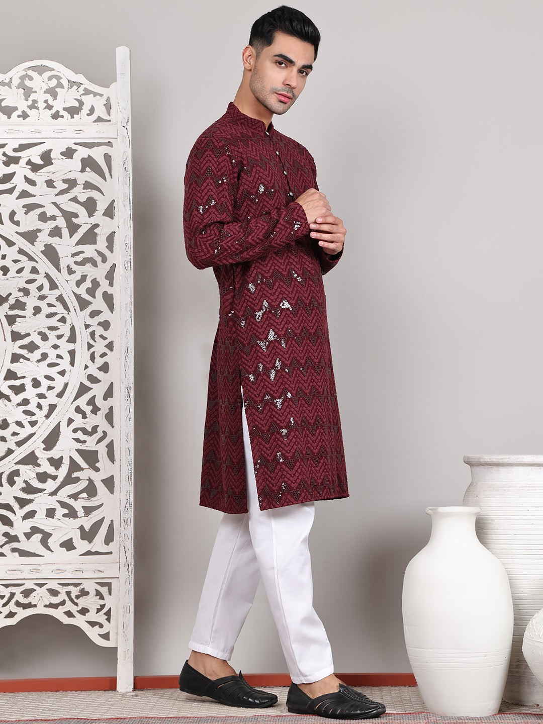 Sequin & Embroidered Kurta With Pyjamas