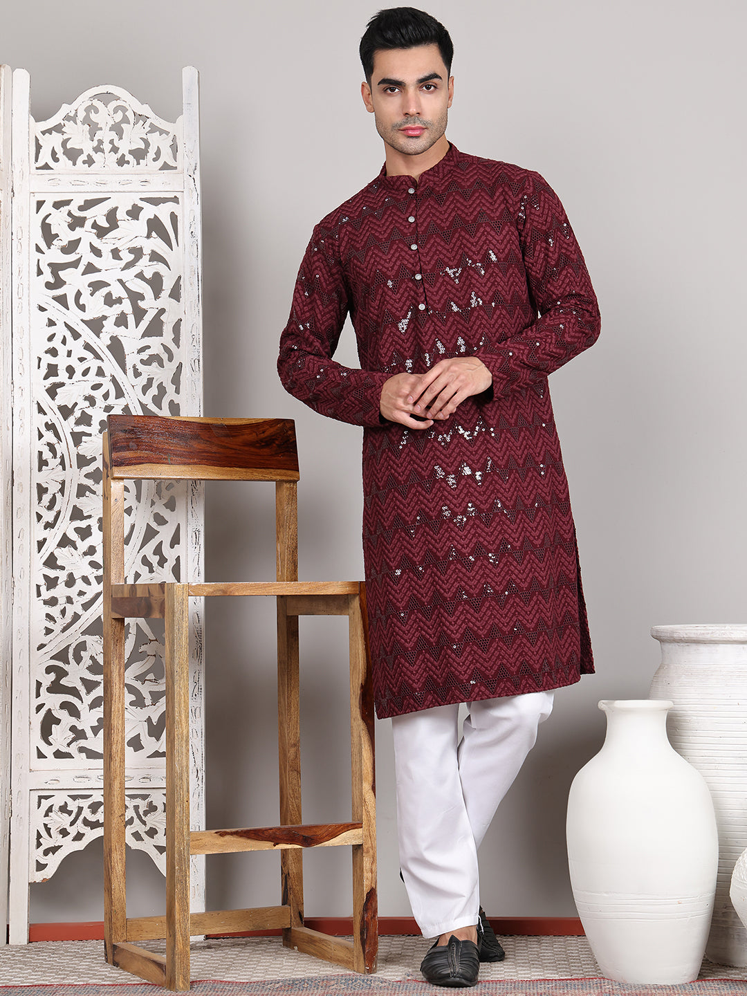Sequin & Embroidered Kurta With Pyjamas