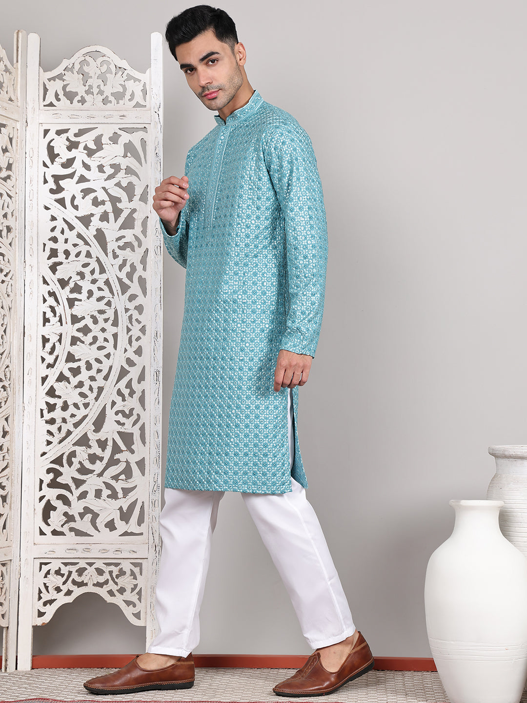Viscose Sequins And Embroidered Kurta Set For Men
