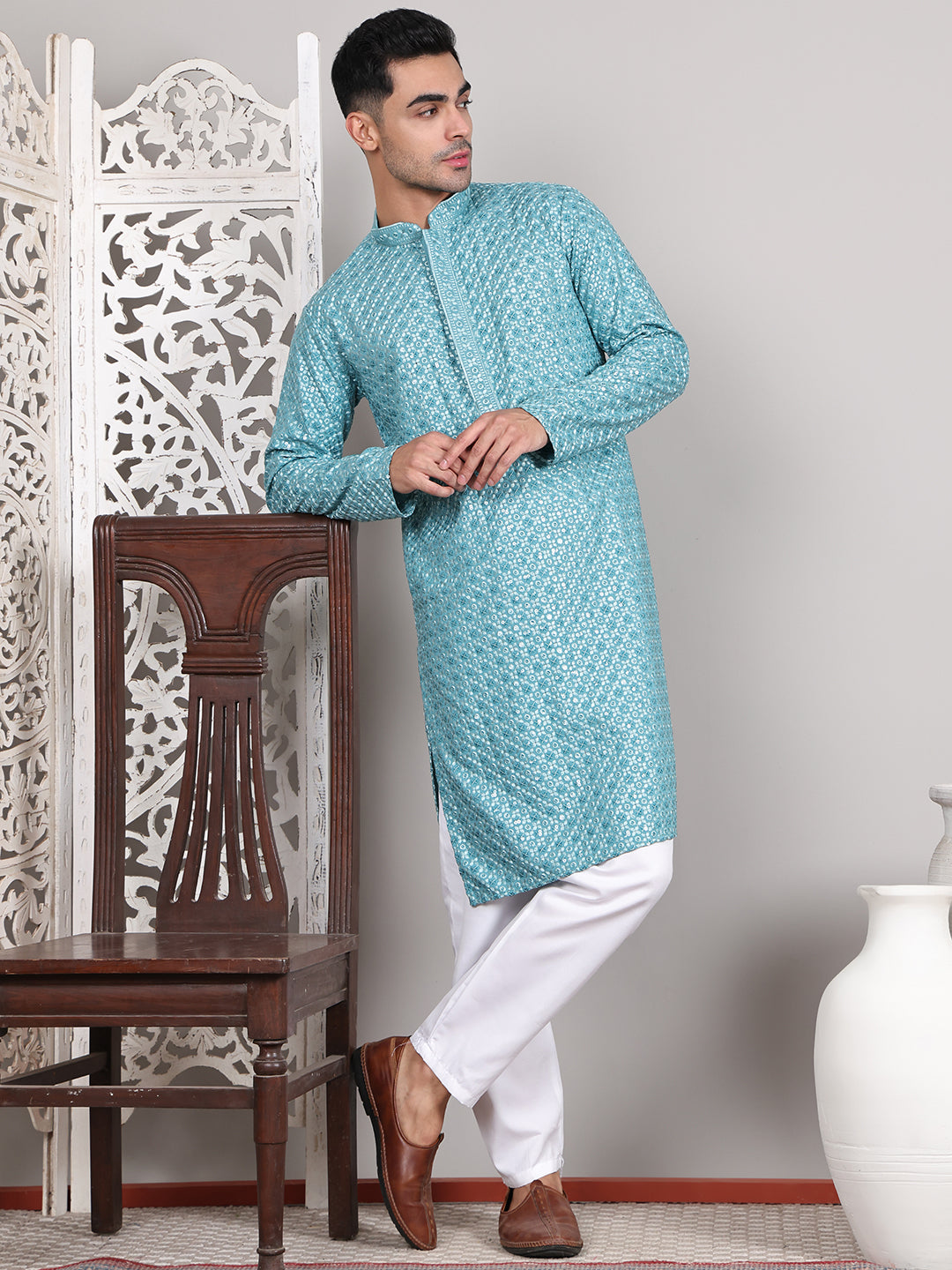 Viscose Sequins And Embroidered Kurta Set For Men