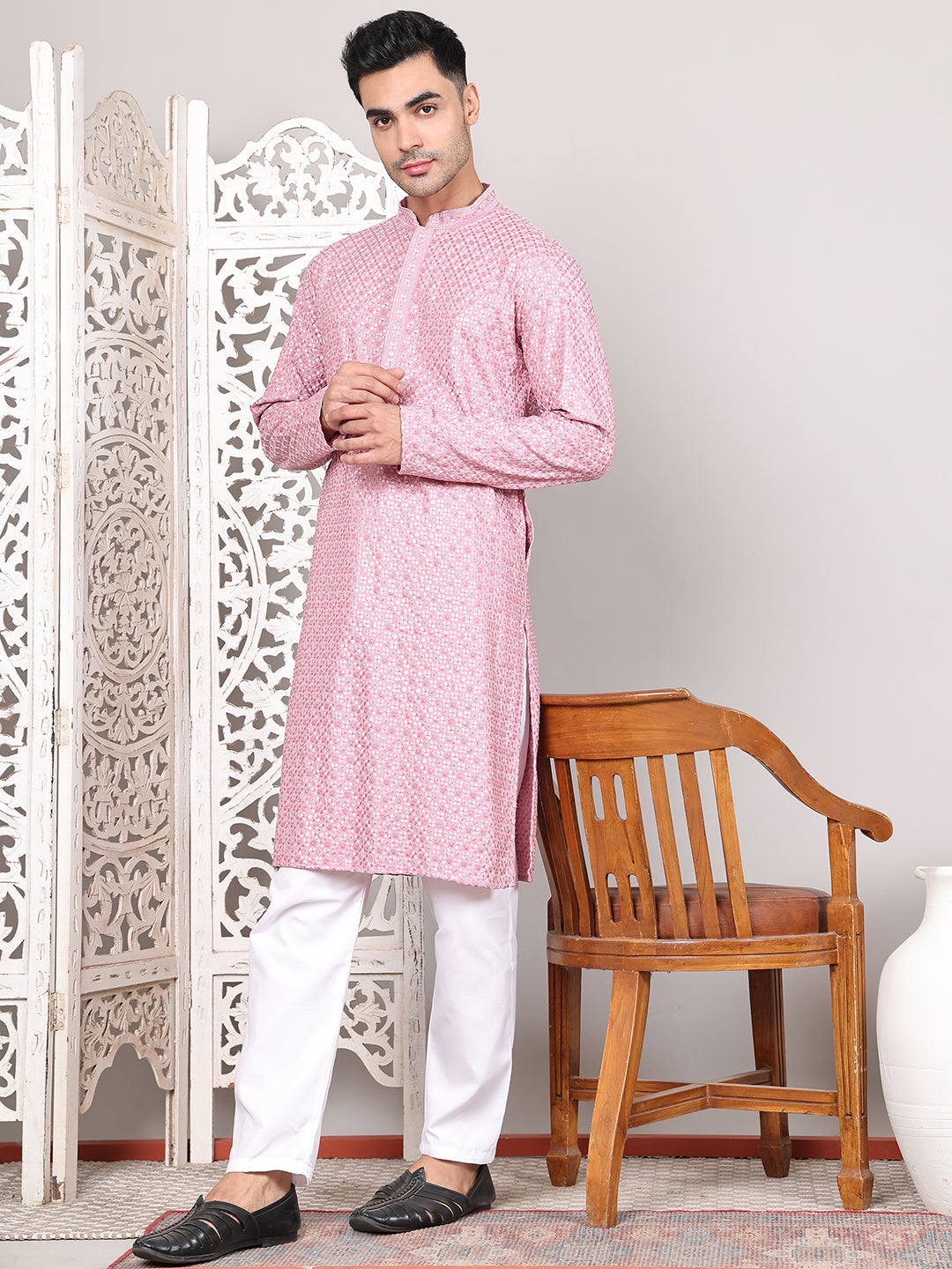 Viscose Sequins And Embroidered Kurta Set For Men