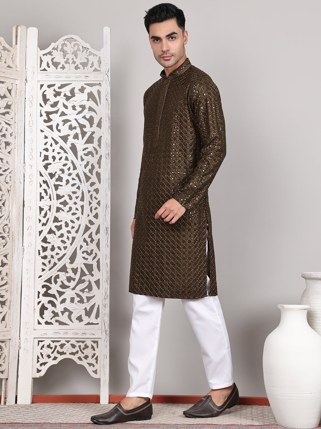 Viscose Sequins And Embroidered Kurta Set For Men