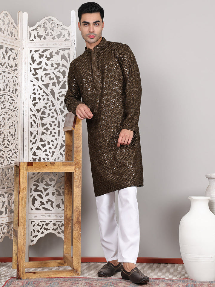 Viscose Sequins And Embroidered Kurta Set For Men