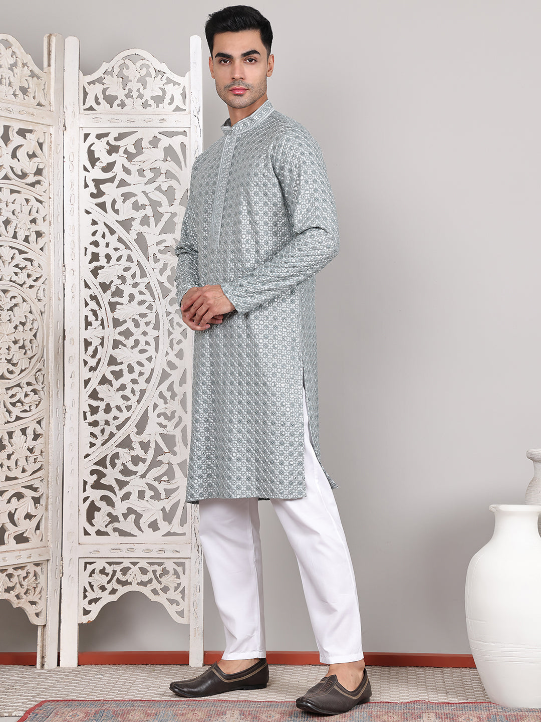 Viscose Sequins And Embroidered Kurta Set For Men