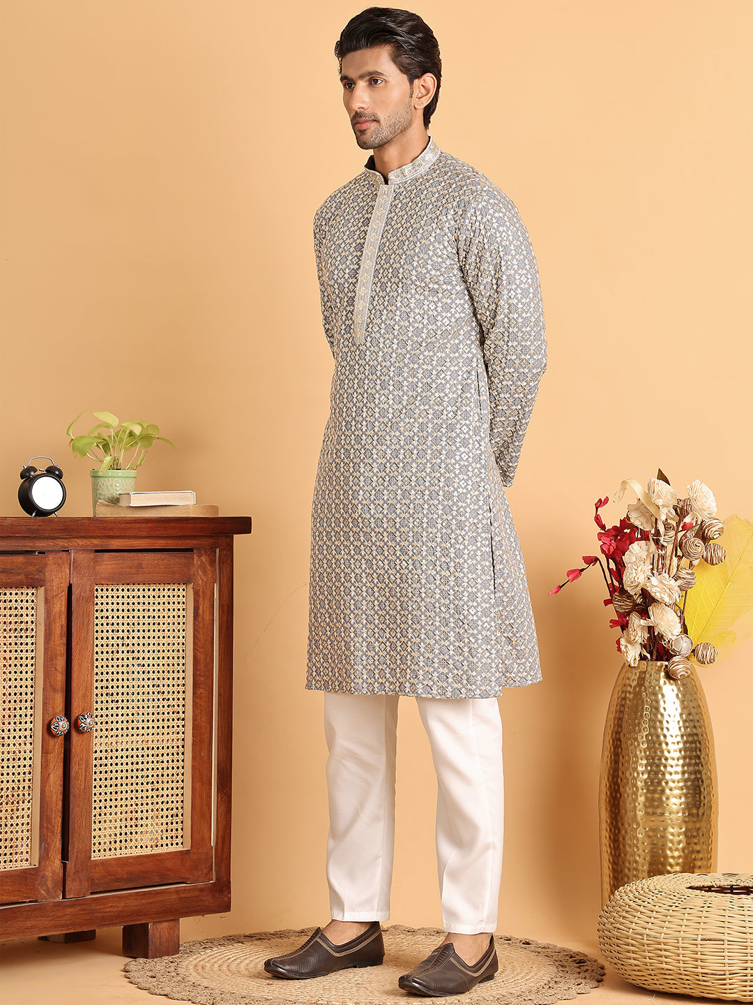 Embroidered Viscose Kurta Set For Men