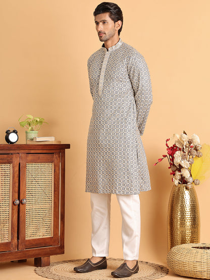 Embroidered Viscose Kurta Set For Men