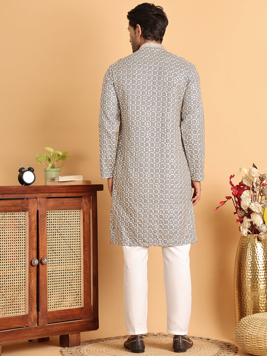 Embroidered Viscose Kurta Set For Men