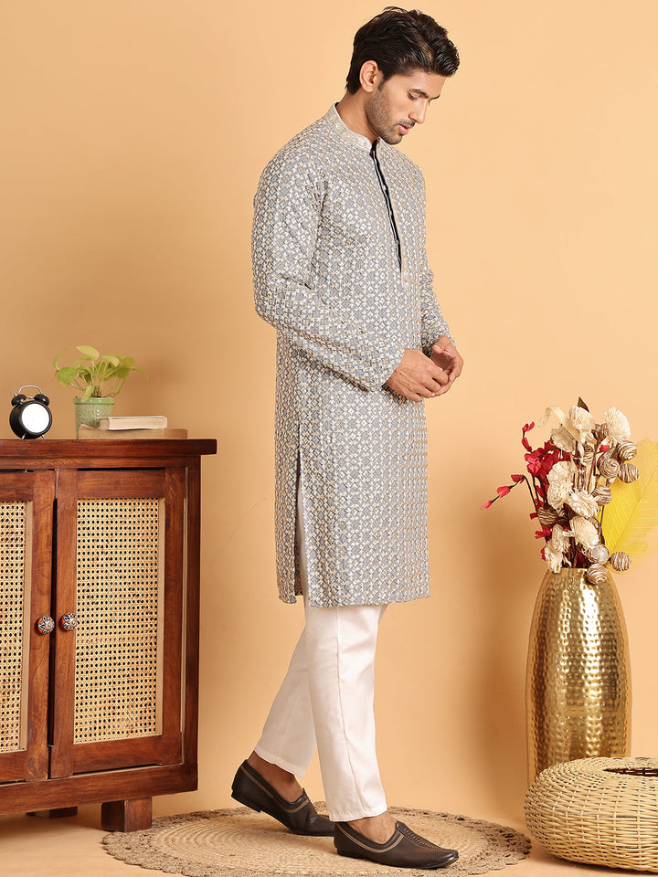 Embroidered Viscose Kurta Set For Men
