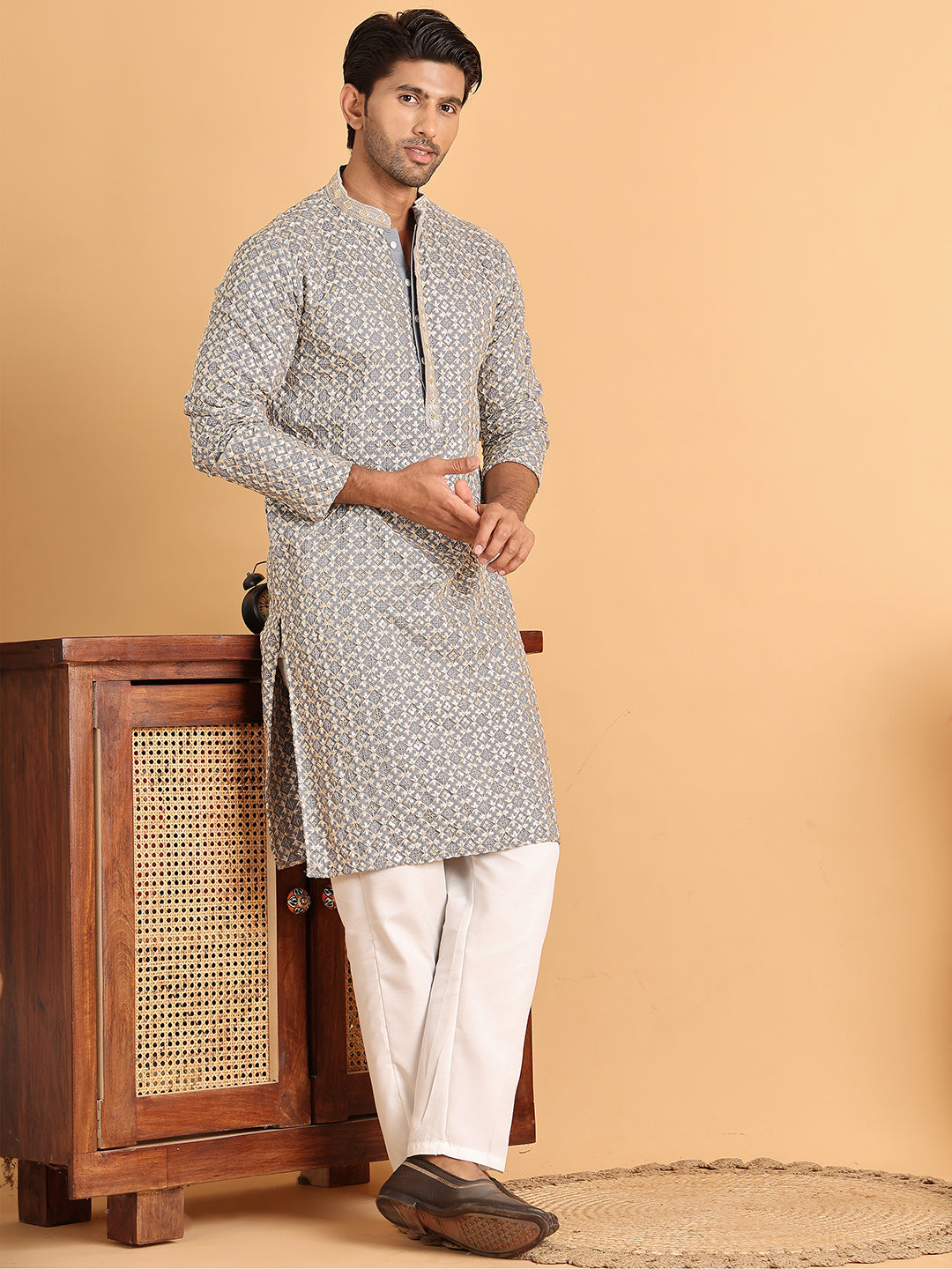 Embroidered Viscose Kurta Set For Men