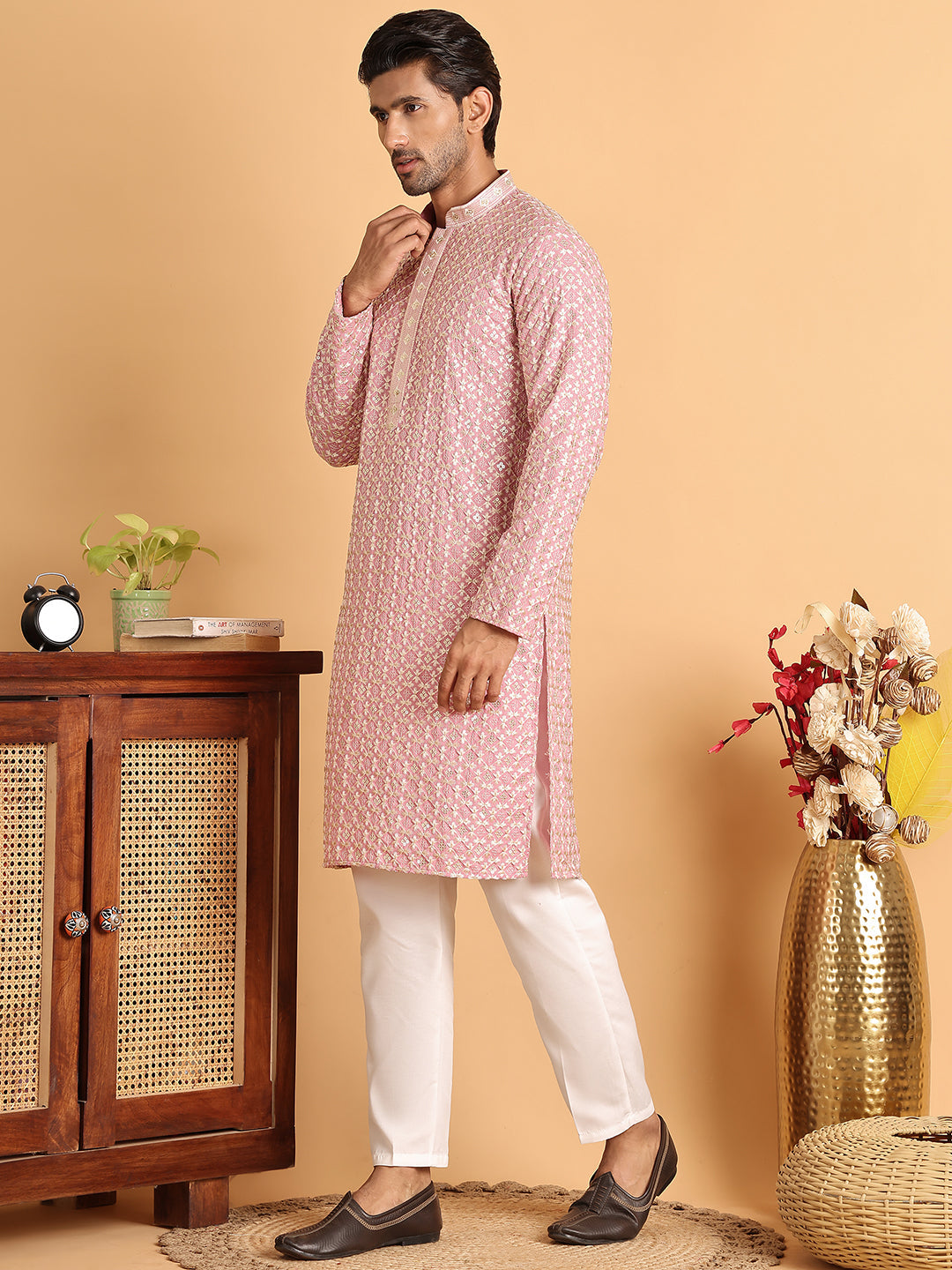 Embroidered Viscose Kurta Set For Men