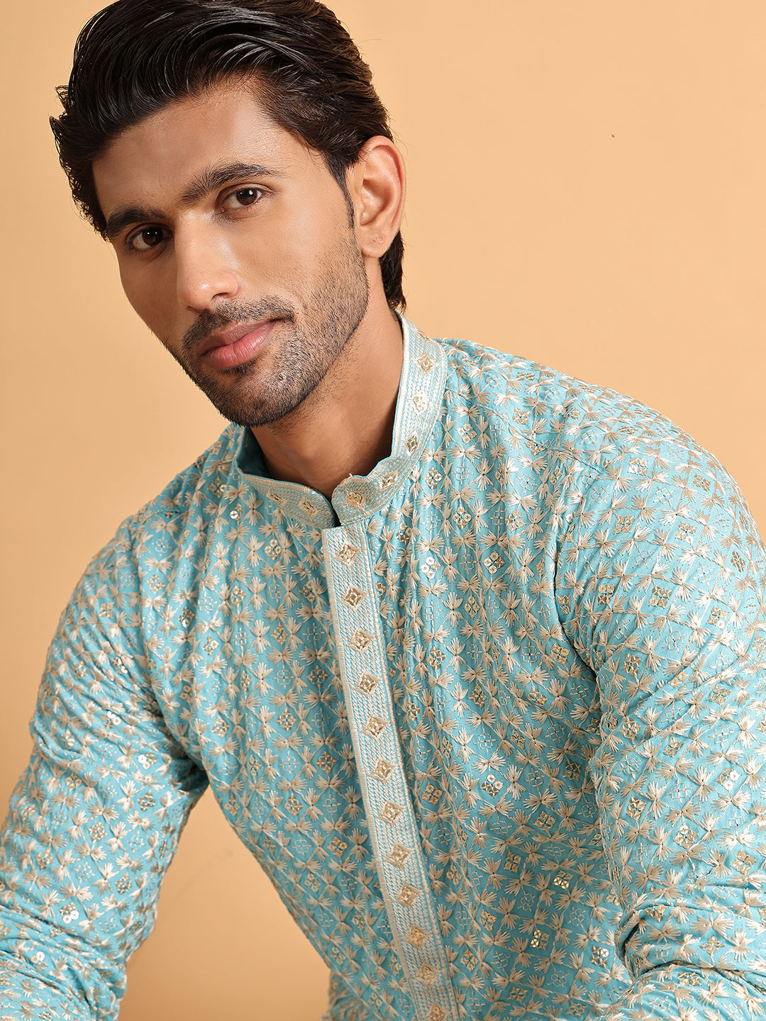 Embroidered Viscose Kurta Set For Men