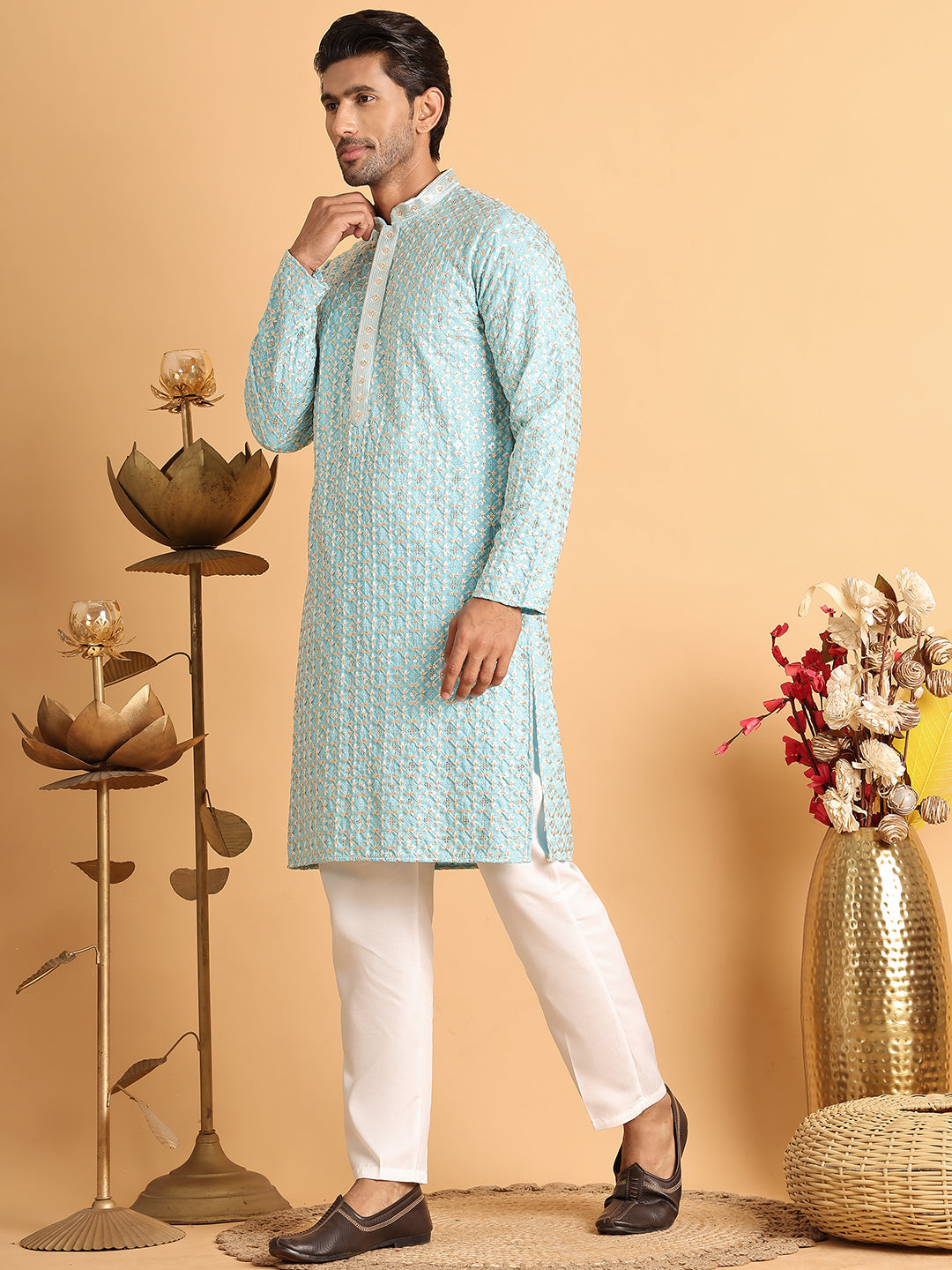 Embroidered Viscose Kurta Set For Men