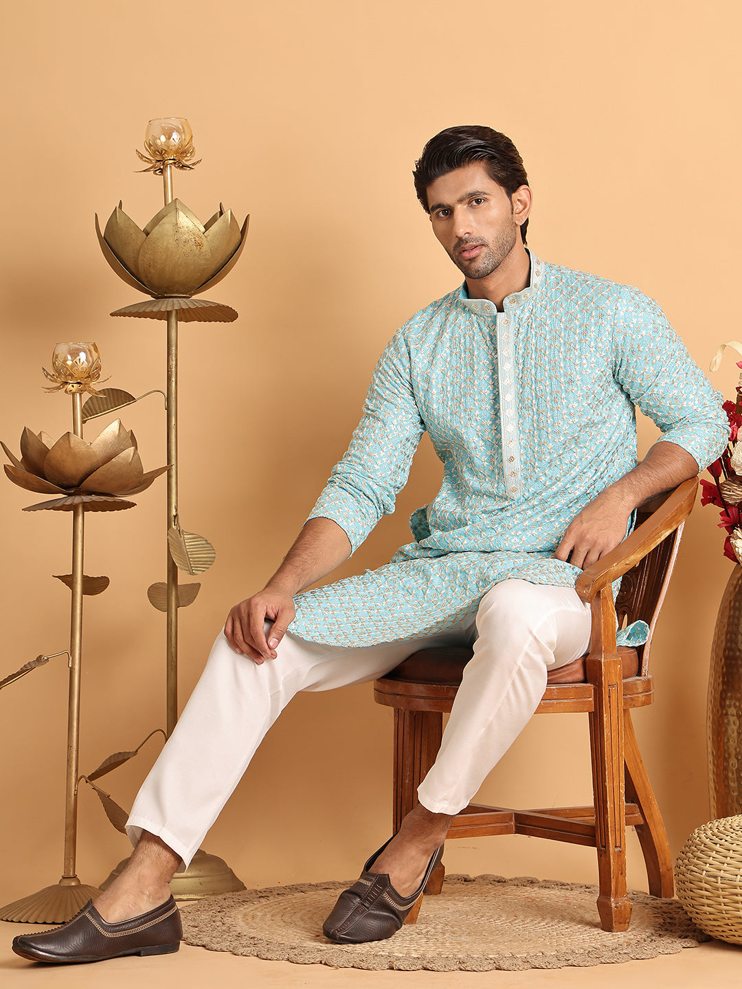 Embroidered Viscose Kurta Set For Men