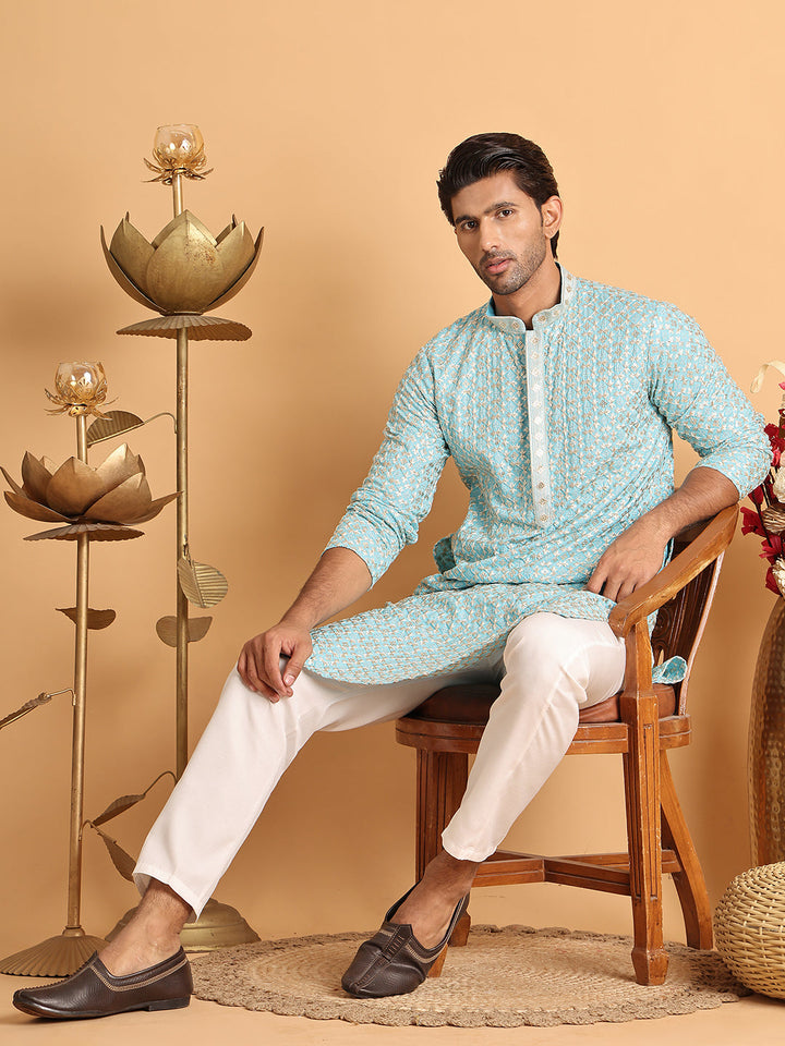 Embroidered Viscose Kurta Set For Men