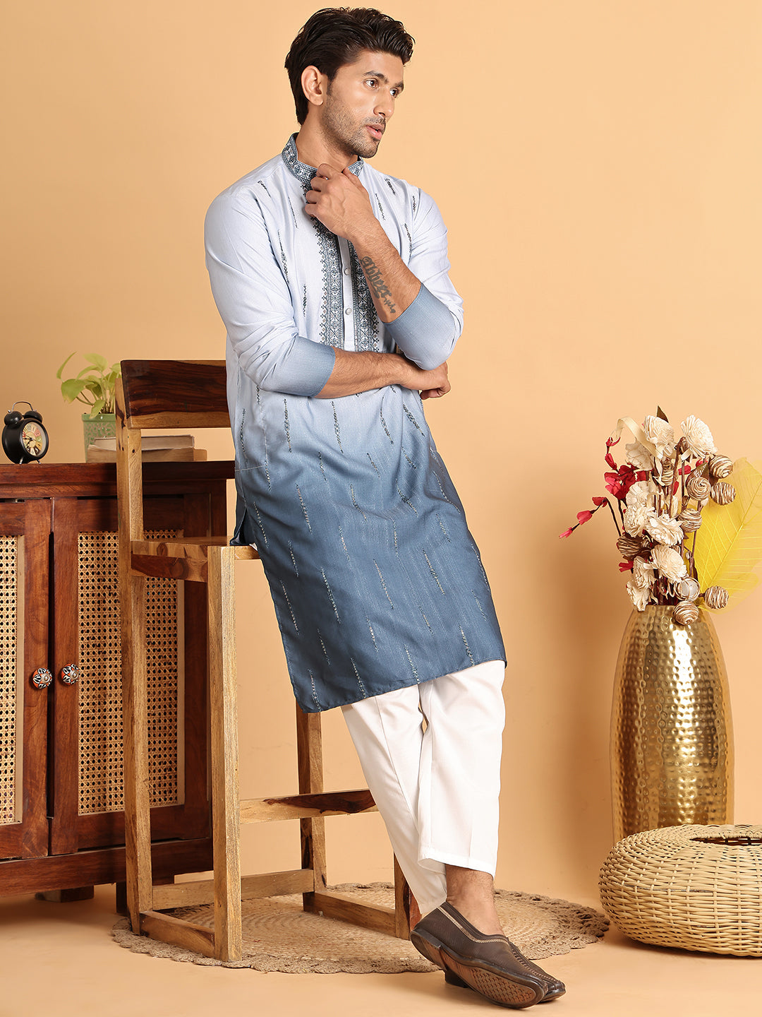 Ombre Printed Straight Kurta Pyjama For Men