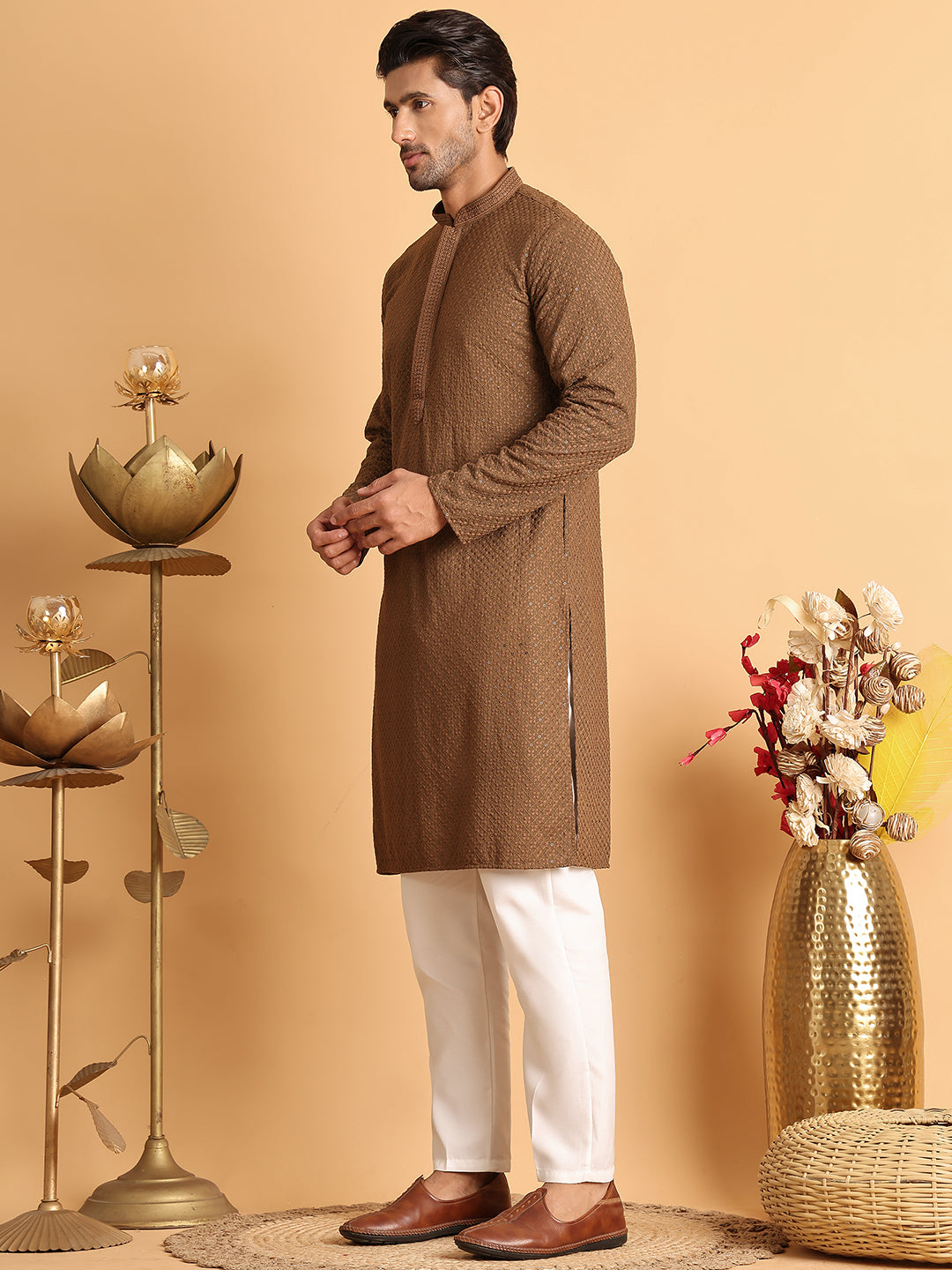 Sequins & Embroidered Viscose Kurta Set For Men