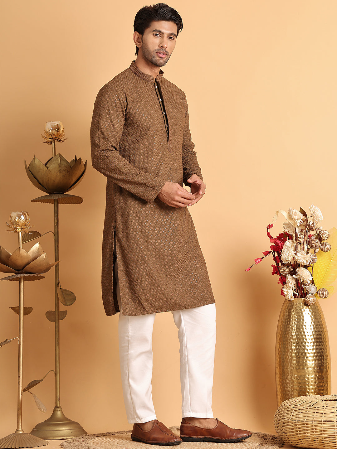 Sequins & Embroidered Viscose Kurta Set For Men