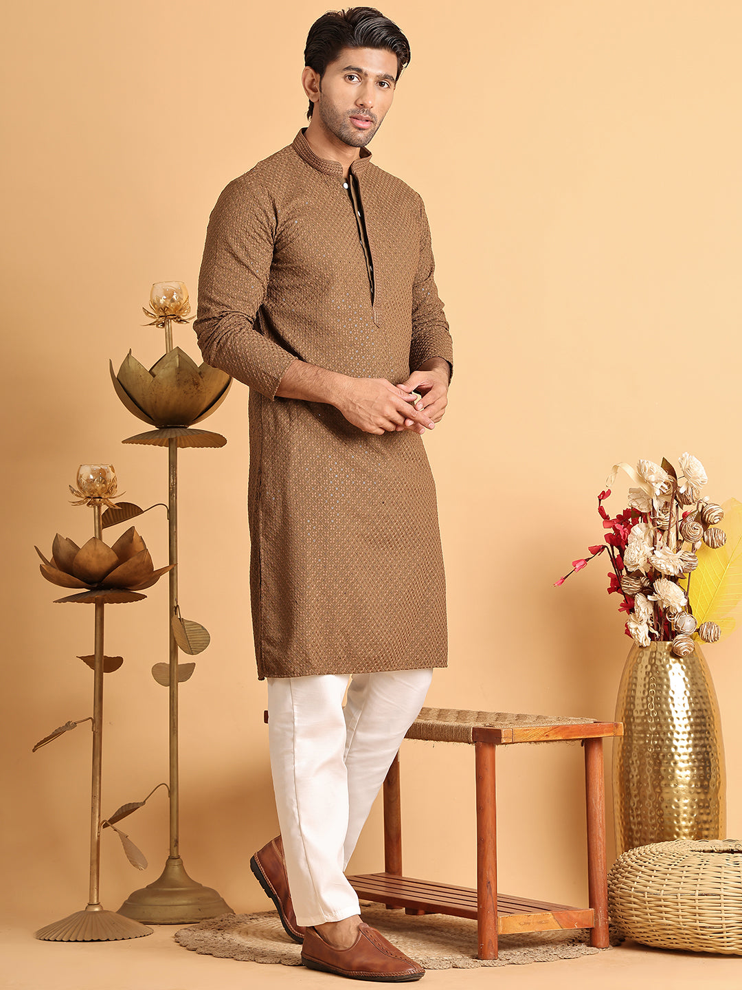 Sequins & Embroidered Viscose Kurta Set For Men