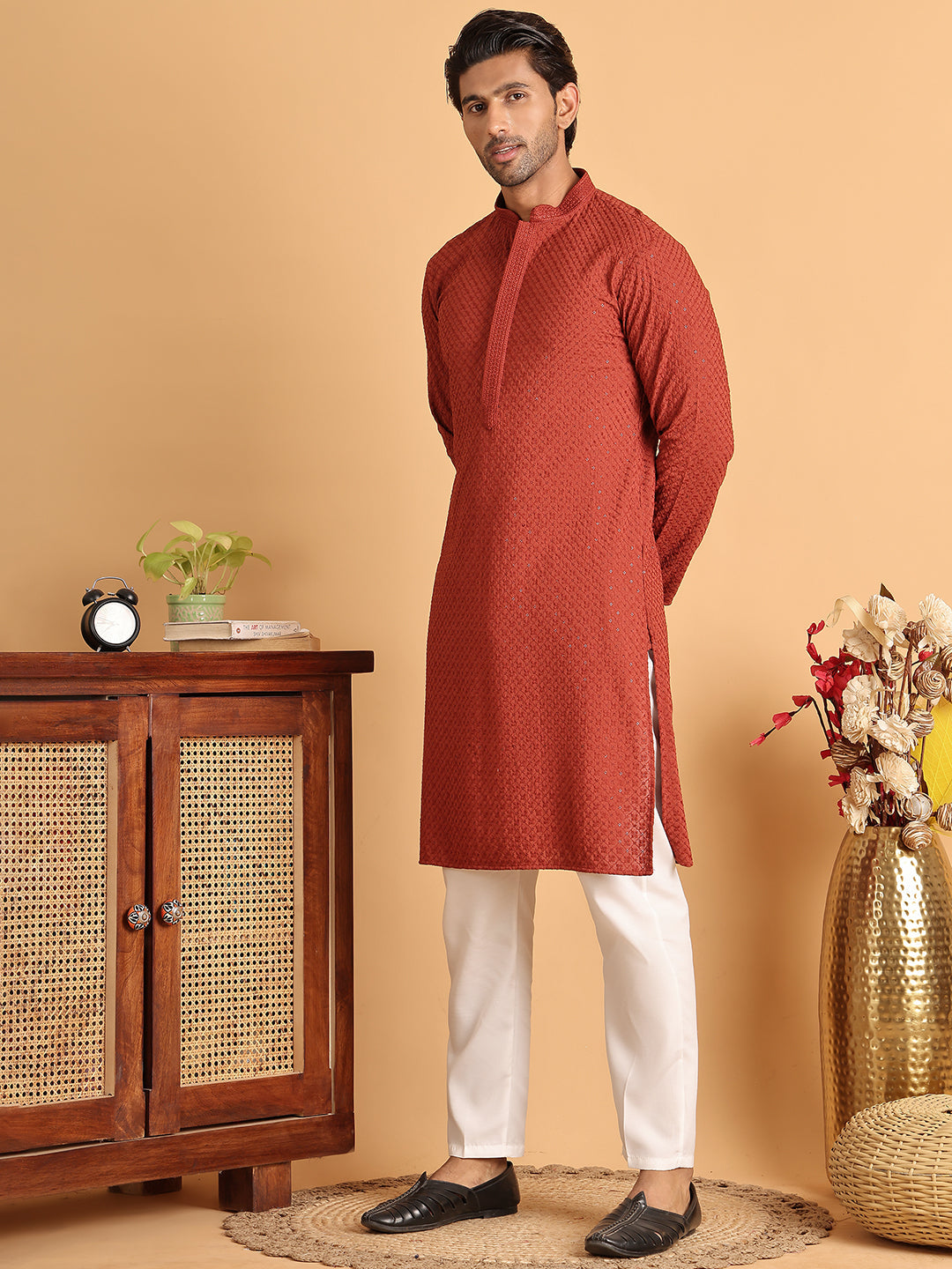Sequins & Embroidered Viscose Kurta Set For Men