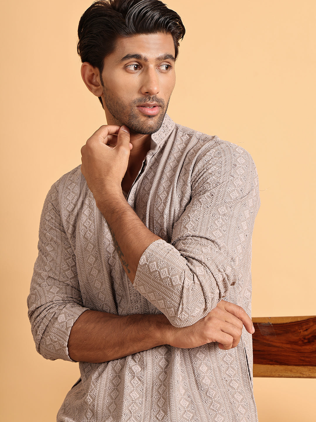 Embroidered &amp; Sequins Straight Kurta Set For Men