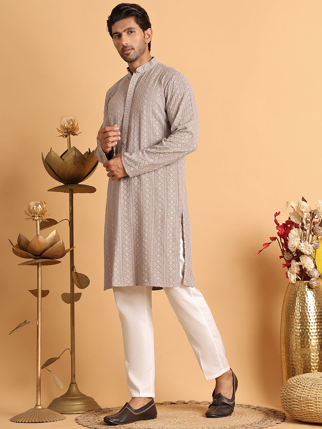 Embroidered &amp; Sequins Straight Kurta Set For Men