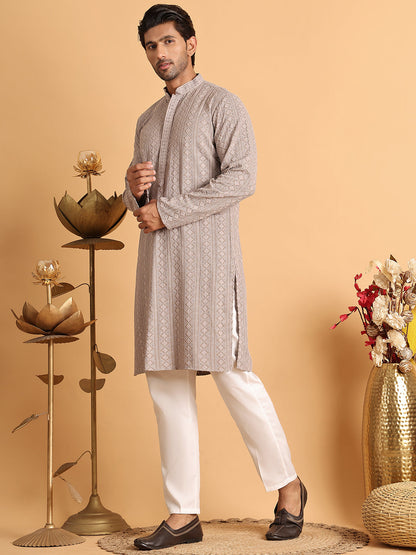 Embroidered & Sequins Straight Kurta Set For Men