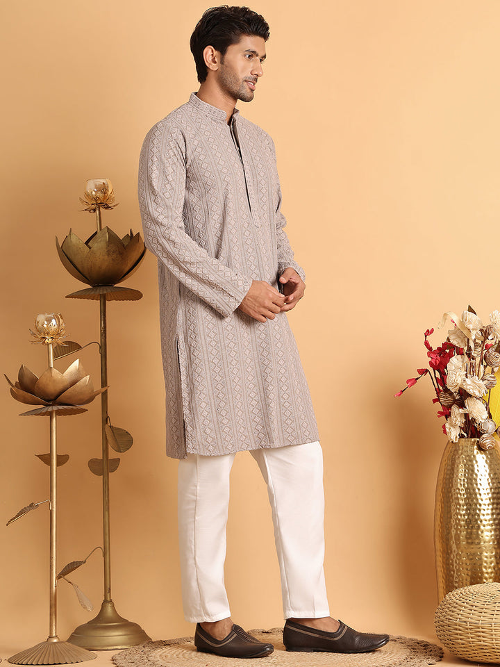 Embroidered &amp; Sequins Straight Kurta Set For Men