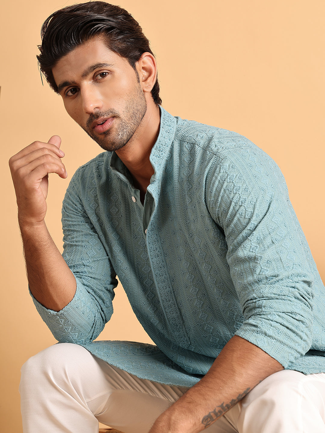 Embroidered &amp; Sequins Straight Kurta Set For Men