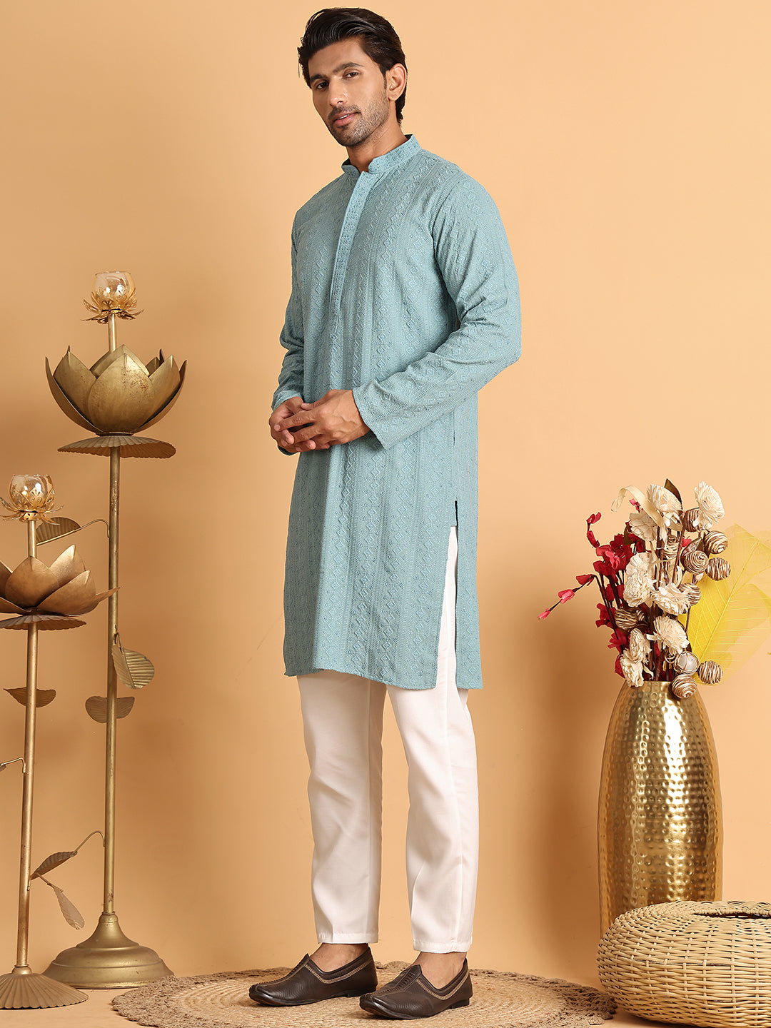 Embroidered &amp; Sequins Straight Kurta Set For Men