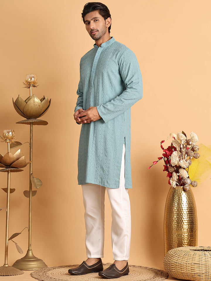Embroidered &amp; Sequins Straight Kurta Set For Men