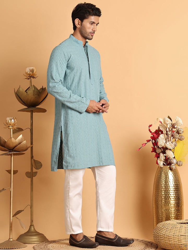 Embroidered &amp; Sequins Straight Kurta Set For Men