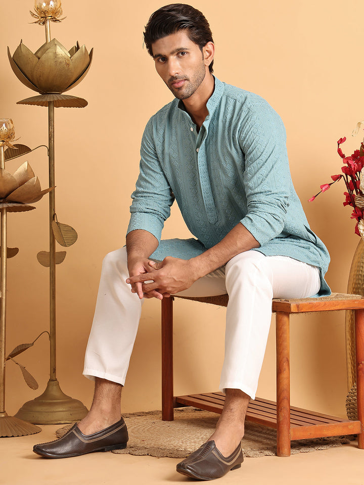 Embroidered &amp; Sequins Straight Kurta Set For Men