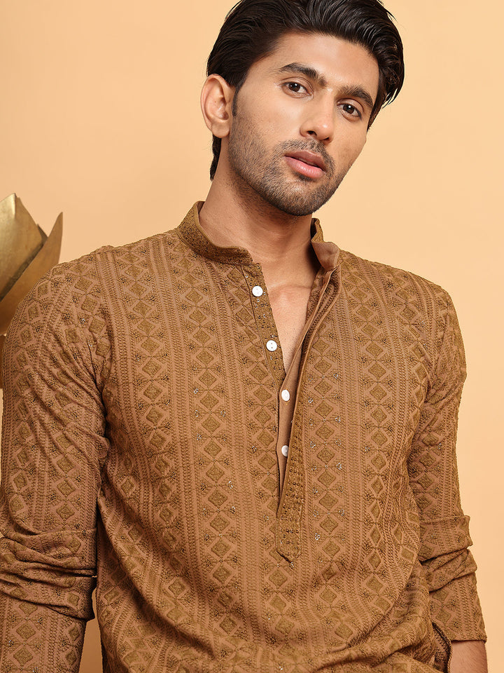 Embroidered &amp; Sequins Straight Kurta Set For Men