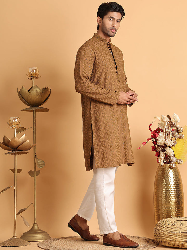 Embroidered &amp; Sequins Straight Kurta Set For Men