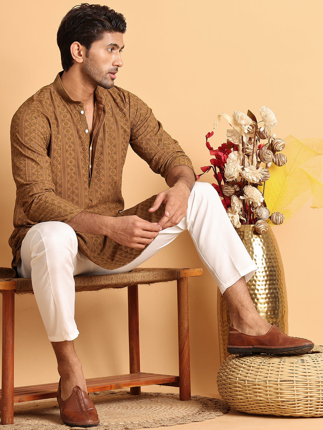 Embroidered &amp; Sequins Straight Kurta Set For Men