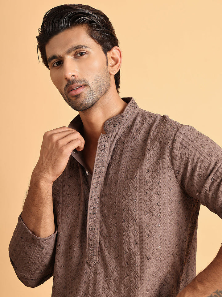 Embroidered &amp; Sequins Straight Kurta Set For Men