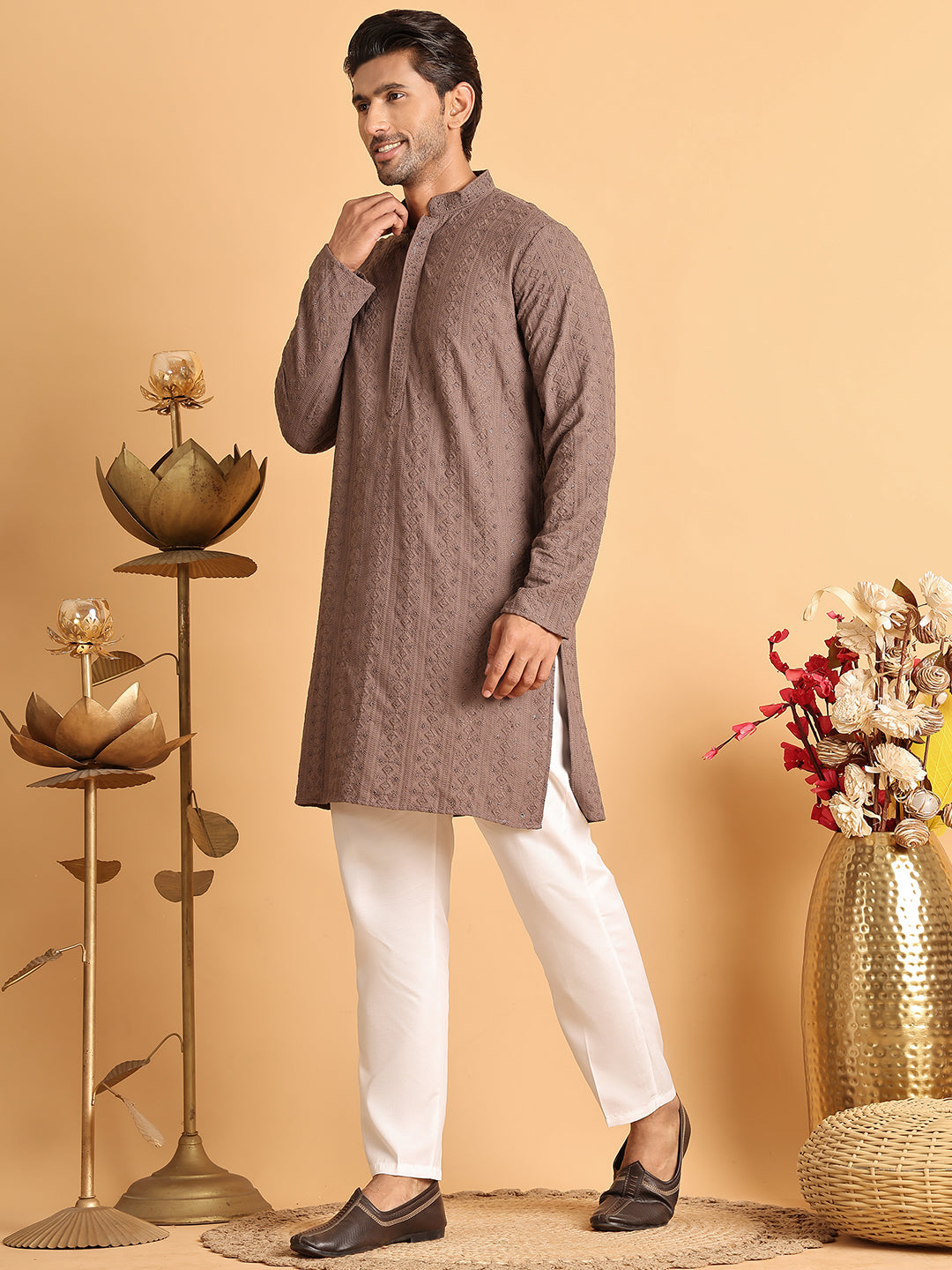 Embroidered &amp; Sequins Straight Kurta Set For Men